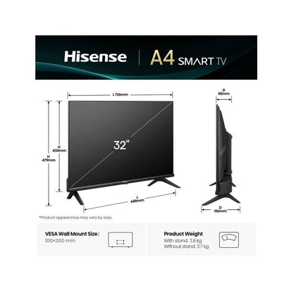 Hisense 32 inch A4 Smart TV HD New Model - Black - Sallivo